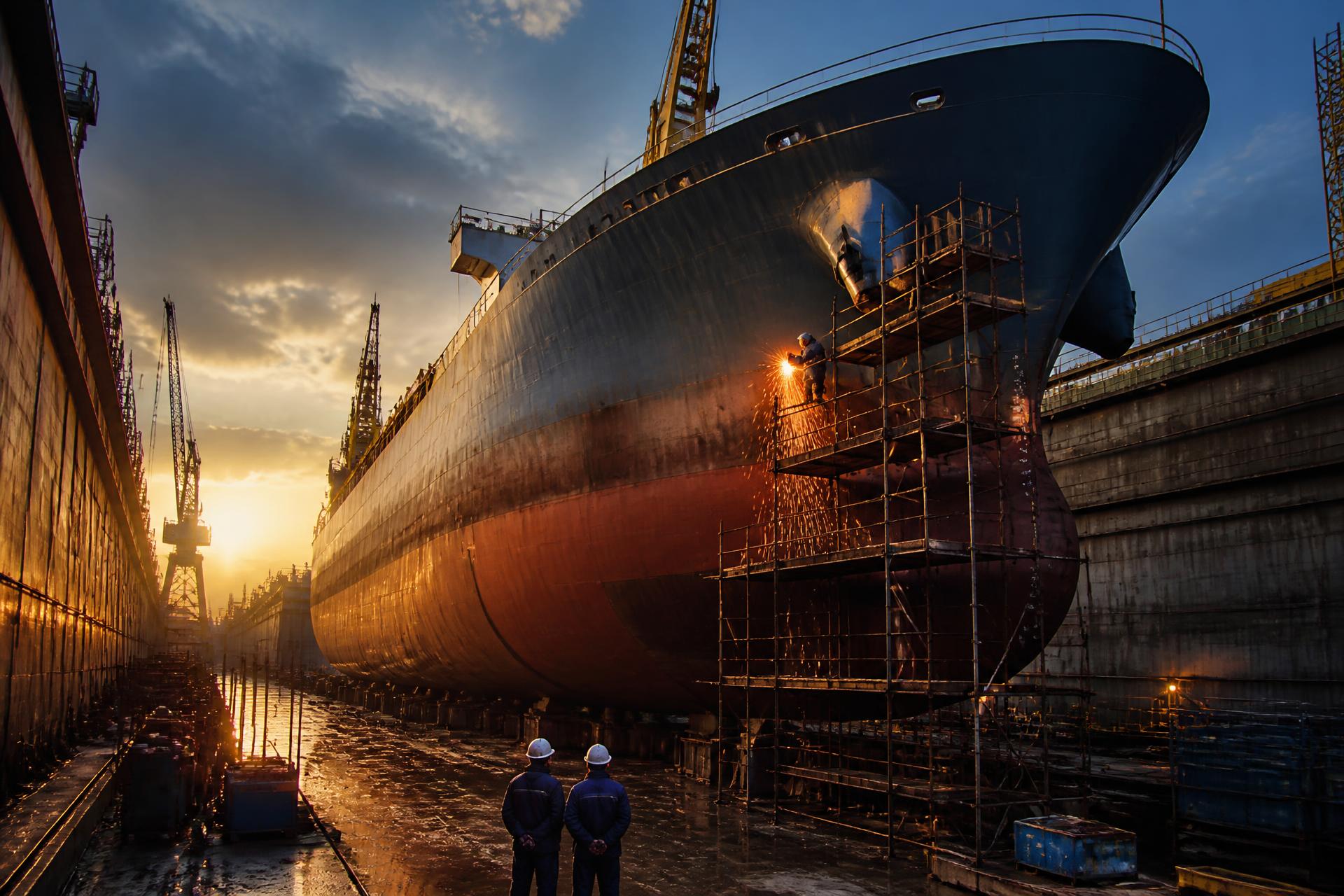 Ship undergoing repair in dry dock at sunset